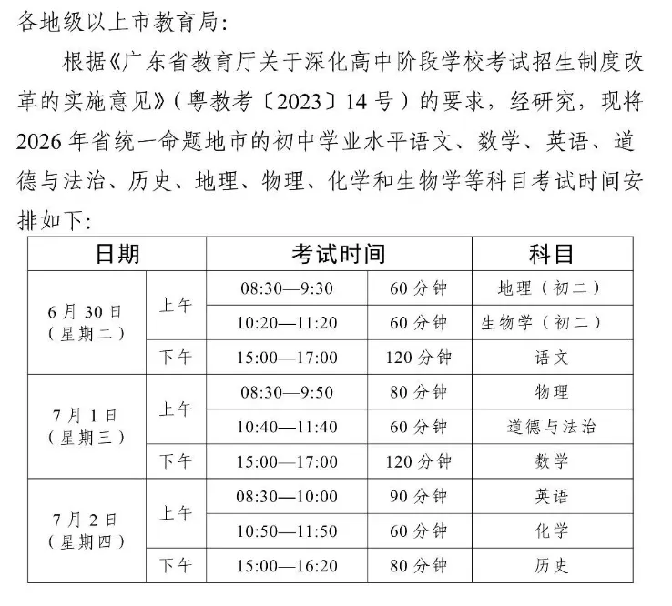 重磅!2026年东莞中考时间公布:6月30日开考!附:科目分值和录取分数线 第5张