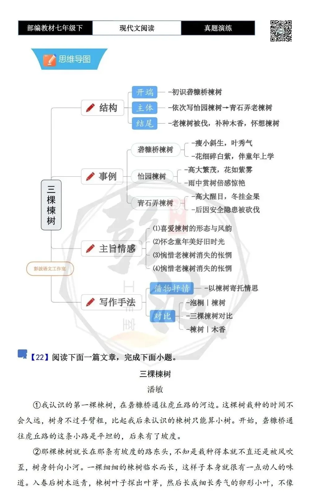 【现代文阅读-真题演练】七年级下-22-三棵楝树-思维导图+试题精析 第5张