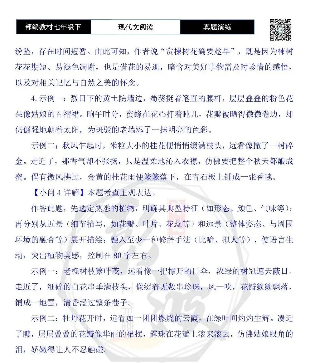 【现代文阅读-真题演练】七年级下-22-三棵楝树-思维导图+试题精析 第9张