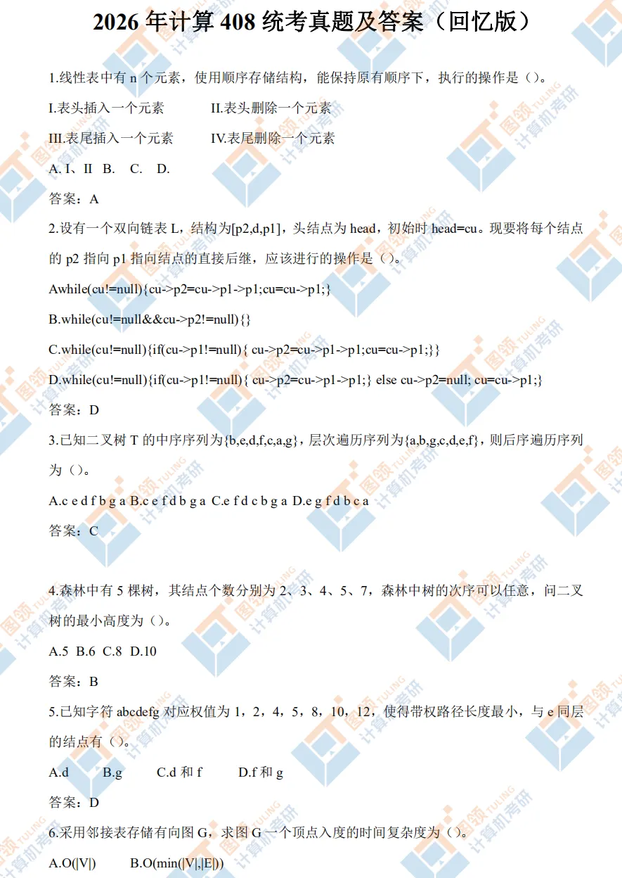 考研计算机408统考历年真题及答案解析PDF电子版(2009-2026年) 第1张