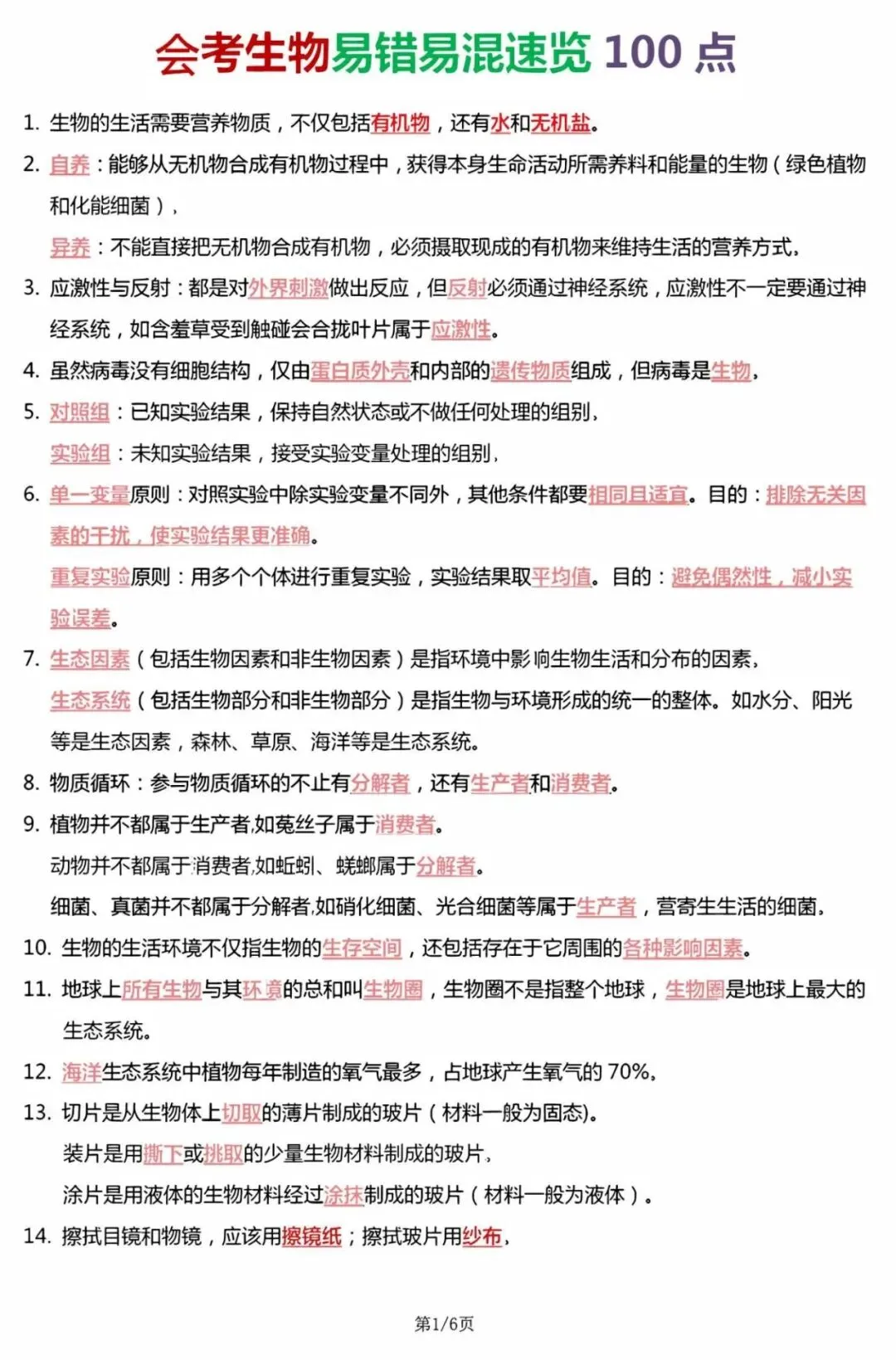 生物会考|2026中考生物【易错易混知识点】练习100点,附答案解析,完整电子版可打印! 第1张
