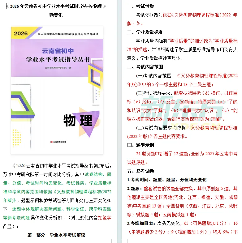 【中考注意】中考各学科新变化,2026云南省初中学业水平考试指导丛书一览! 第13张