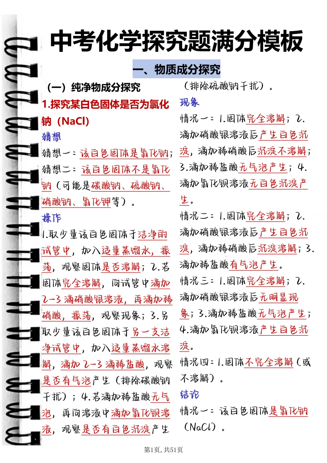 中考必背【中考化学探究题满分模板】,可打印 快收藏 第1张