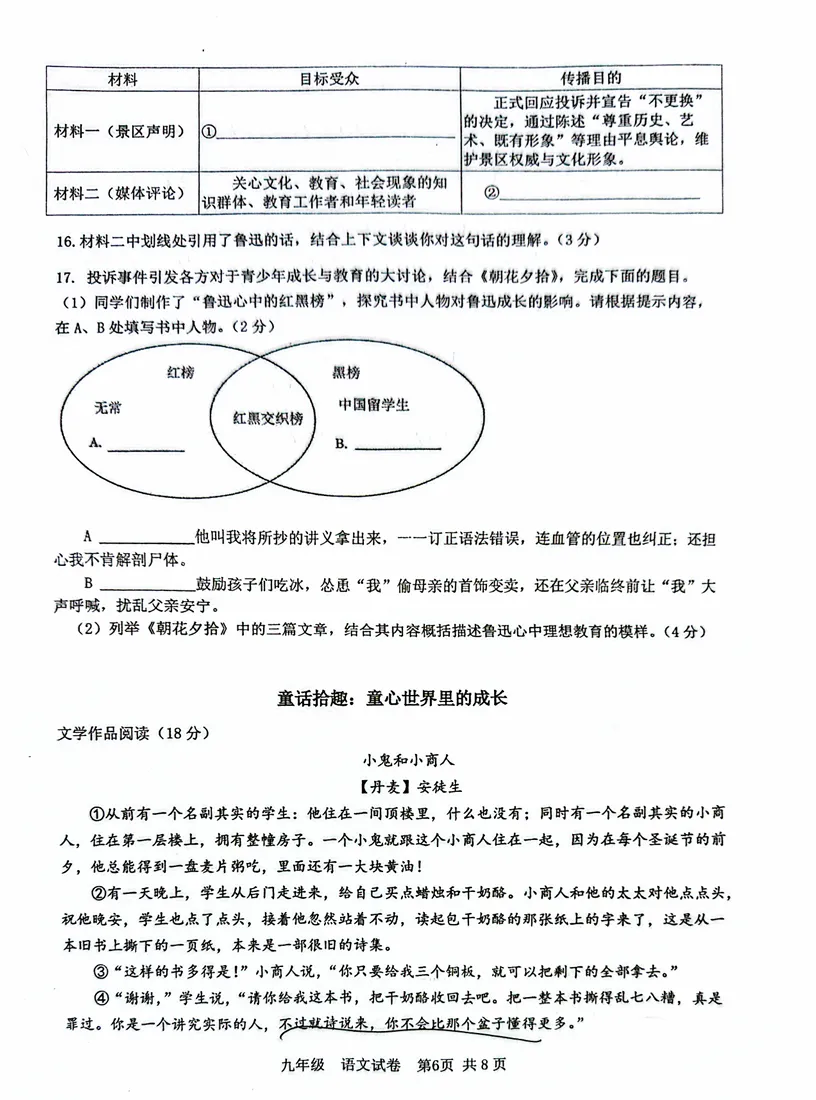 2026深圳实验中学部三月语文试卷真题 第8张