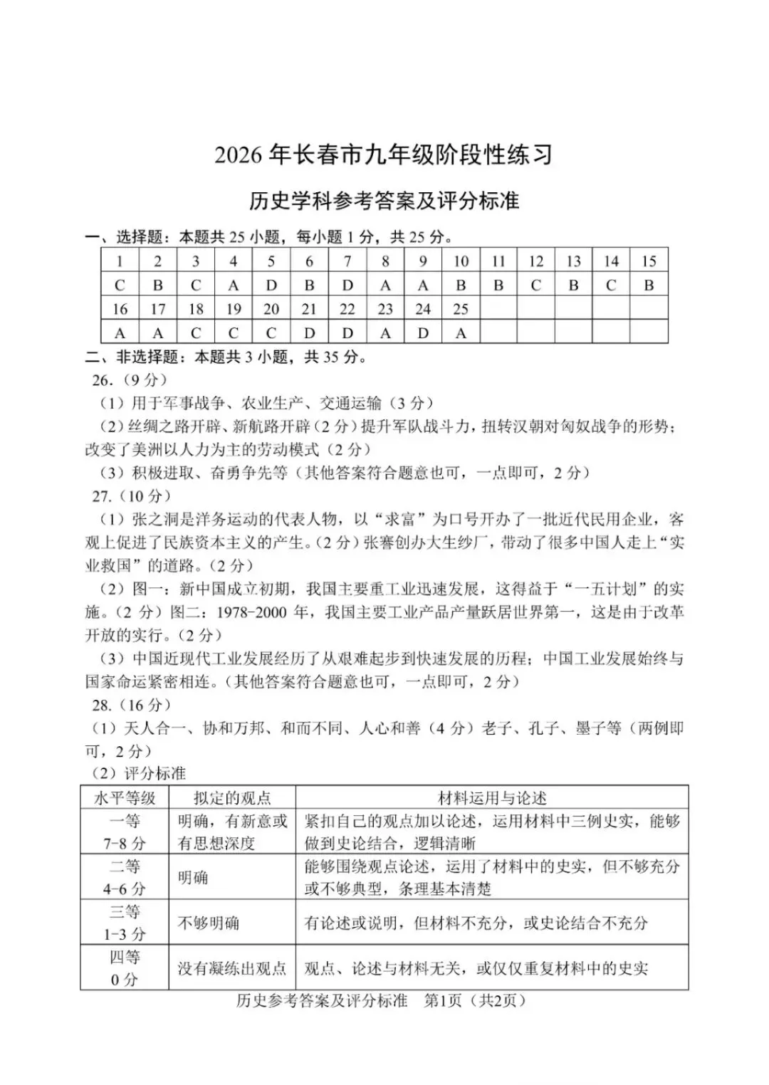 2026长春市中考阶段性练习“市模”全科参考答案(附更多模考真题) 第7张