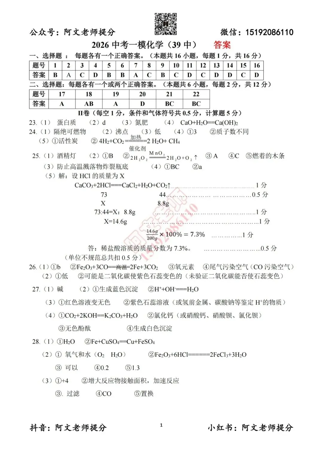 阿文中考第79套2026中考一模化学39中(含答案) 第11张