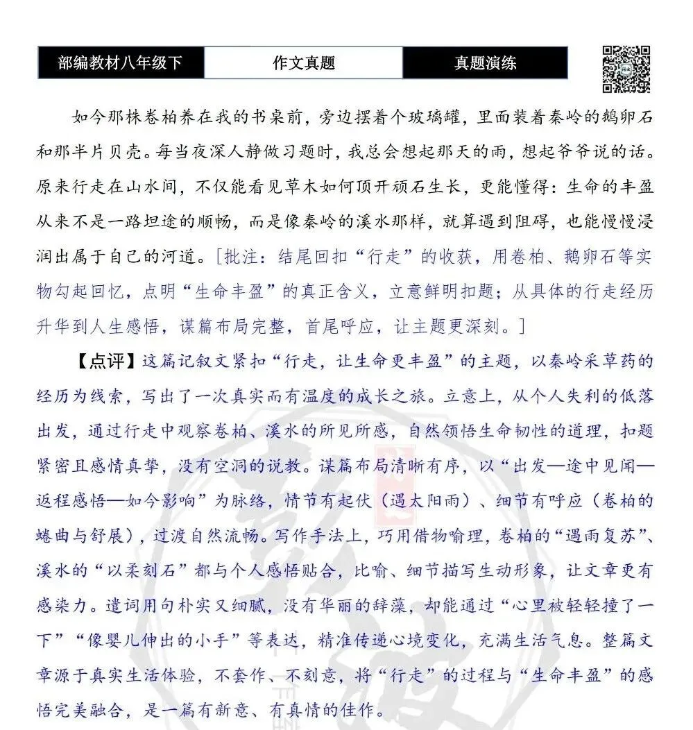 【作文-真题演练】八年级下-16-行走,让生命更丰盈-思维导图+解析+范文批注指导 第8张