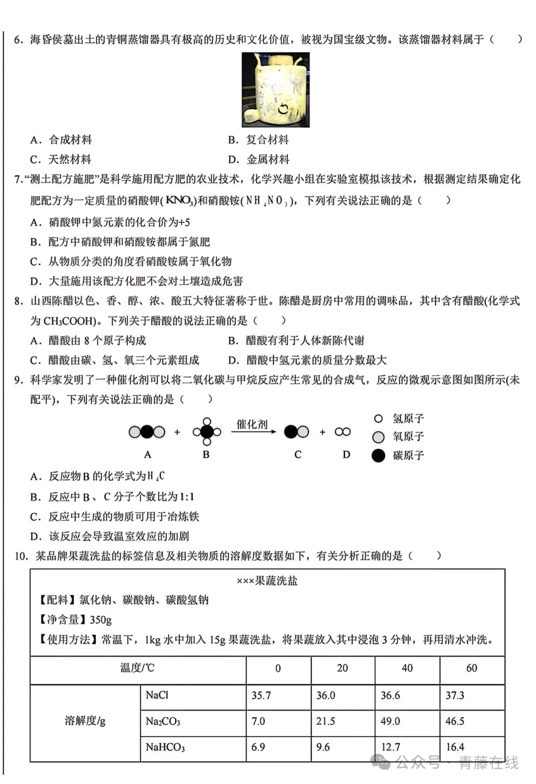 2026年山西初中学业水平考试化学模拟监测试题(卷) 第3张
