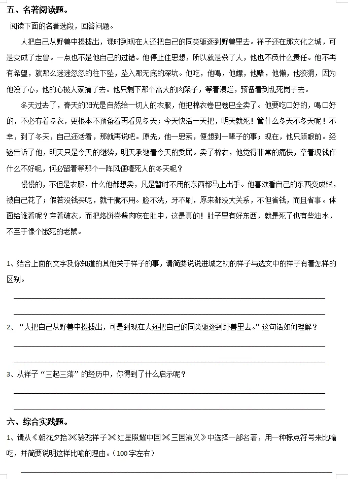 七下名著《骆驼祥子》基础测试+模拟测试 第4张