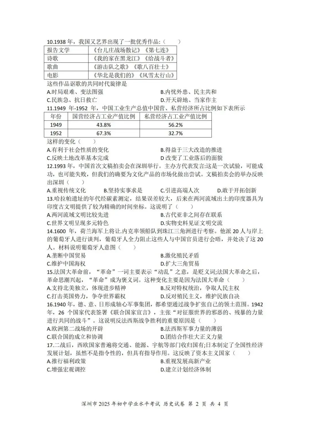 深圳中考2025年历史真题出炉(回忆版) 第6张