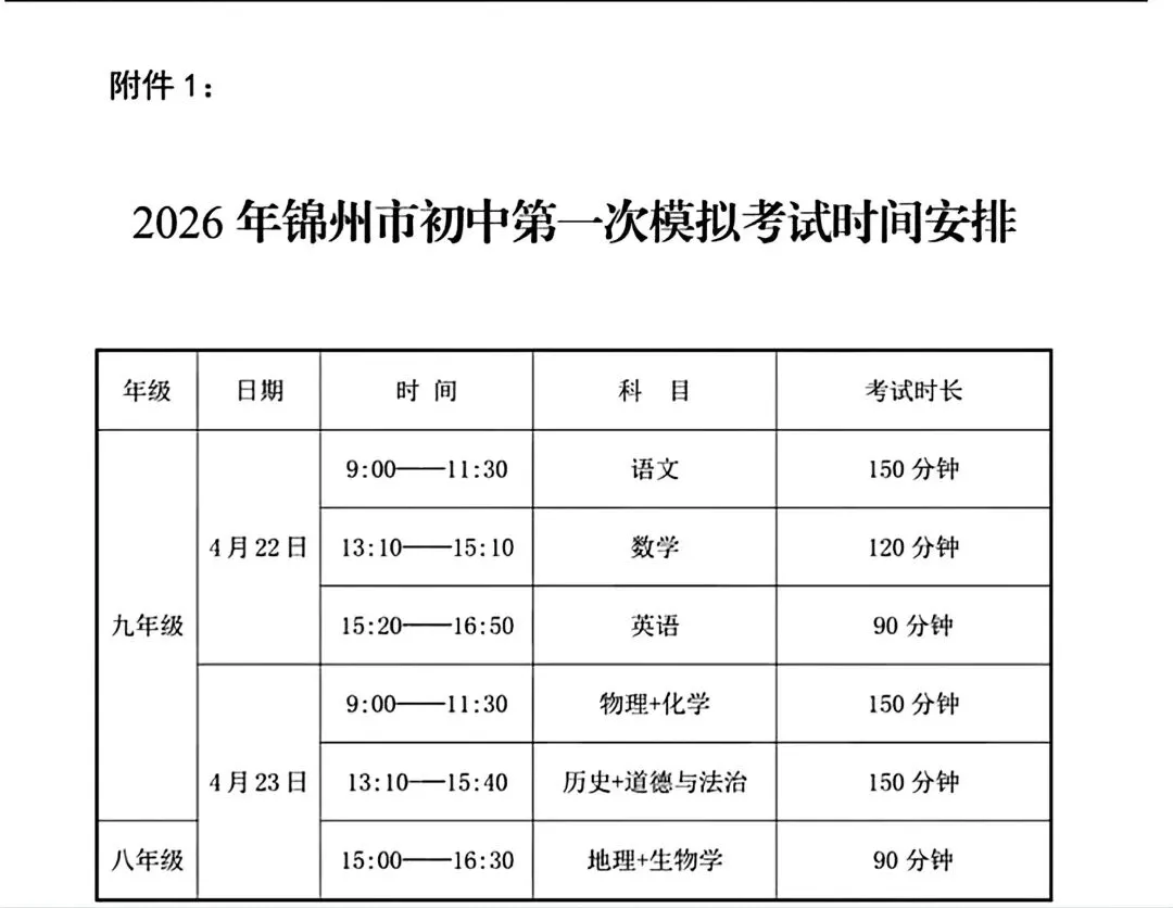 2026年锦州市初中模拟考试时间 第3张