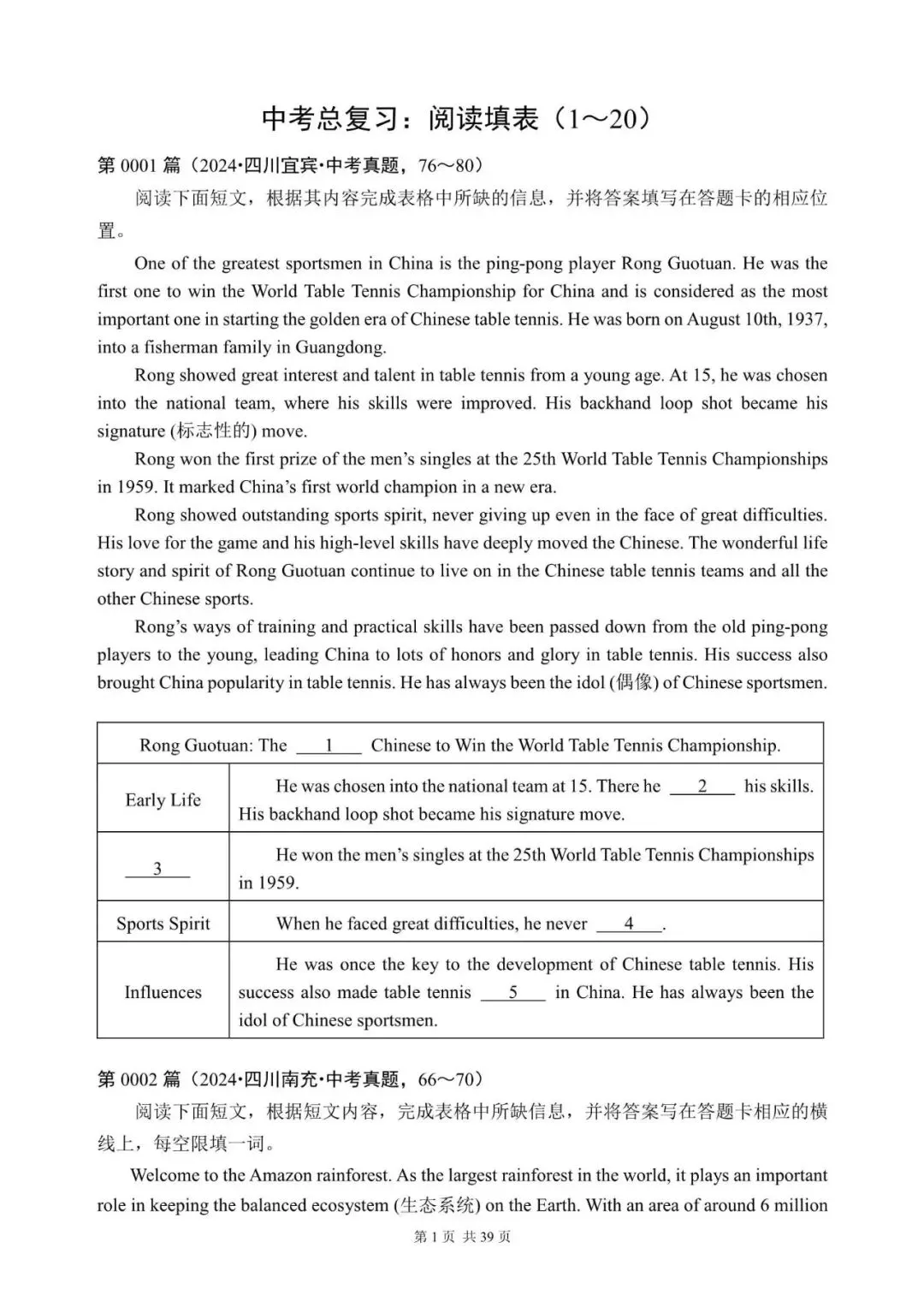 中考英语总复习:阅读填表(1~20)(含答案解析,文末领取word完整版) 第1张