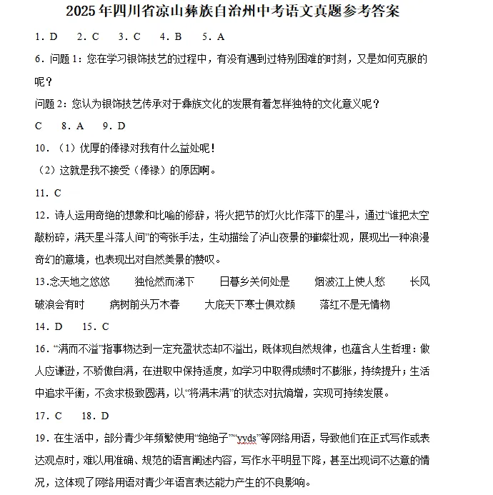 2025年四川省凉山彝族自治州中考语文真题 第2张