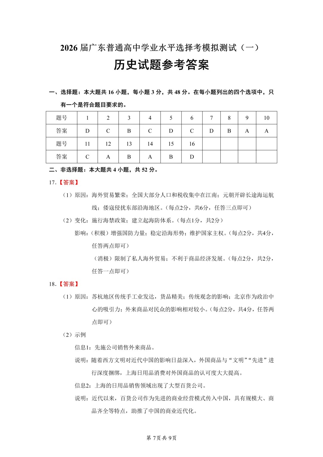 2026届广东普通高中学业水平选择考模拟测试(一)历史试题 第7张