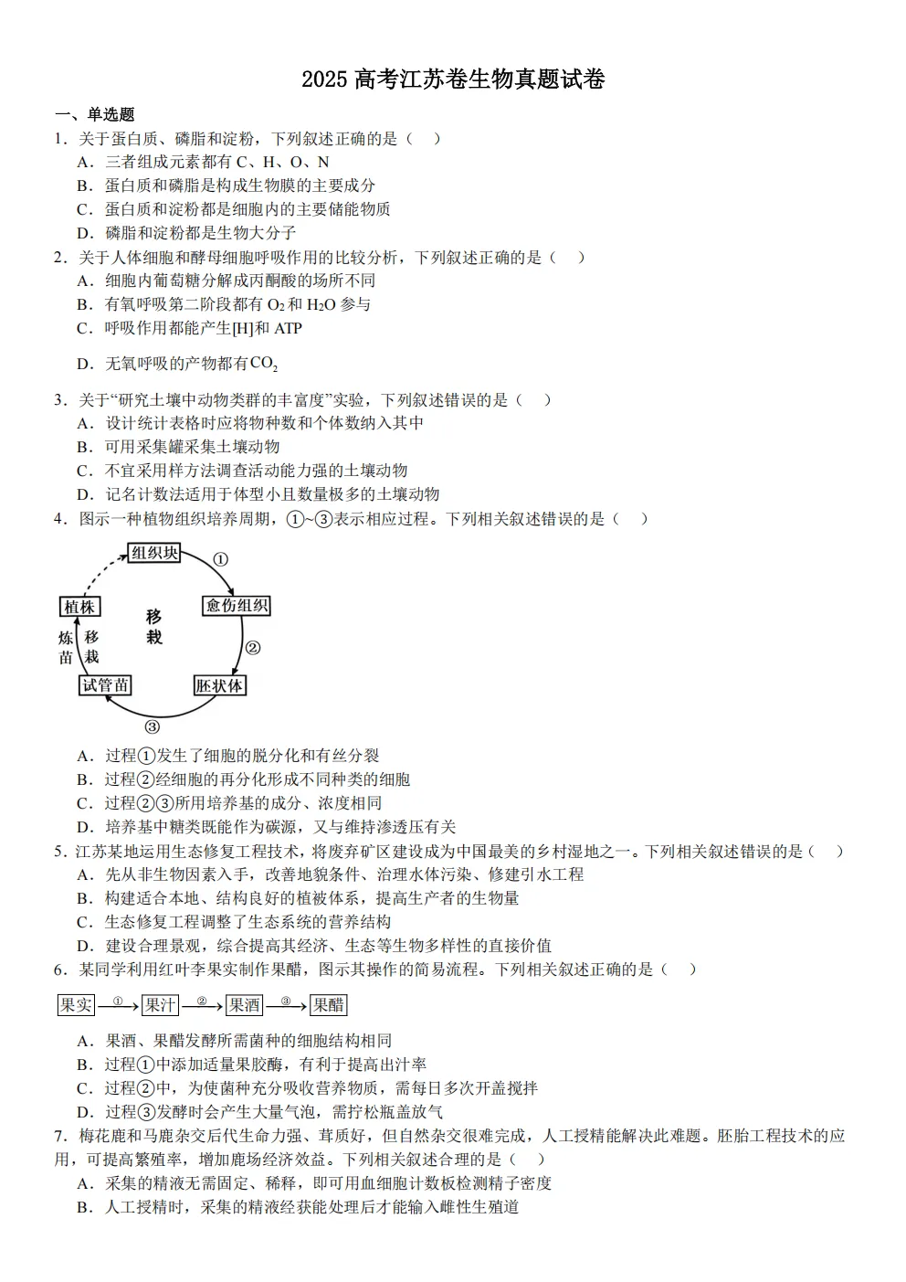 高考真题|2026年 江苏省卷生物高考真题|全国各省市高考|全国新高考试题及参考答案、全卷解析、评分标准、作文范文 PDF电子版可打印 第1张