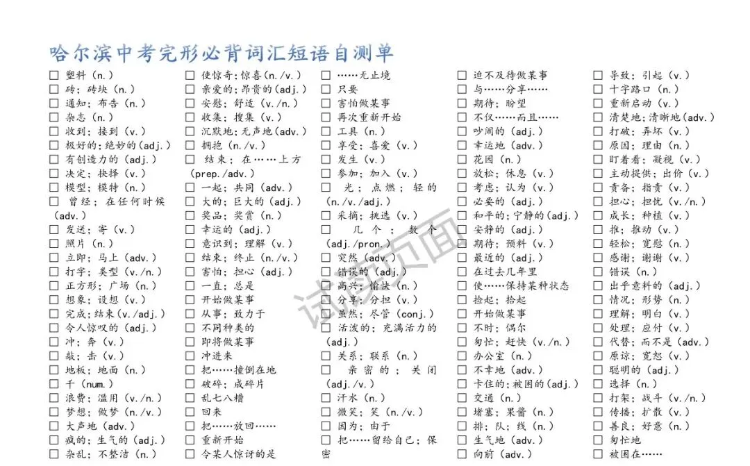 哈尔滨中考真题模拟题完型高频词——五五汇编顺序整理 第1张