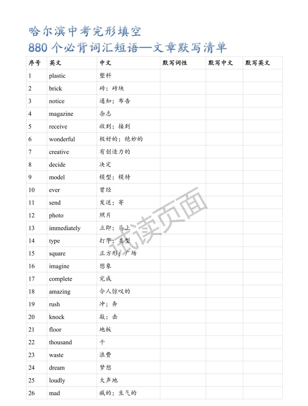 哈尔滨中考真题模拟题完型高频词——五五汇编顺序整理 第7张
