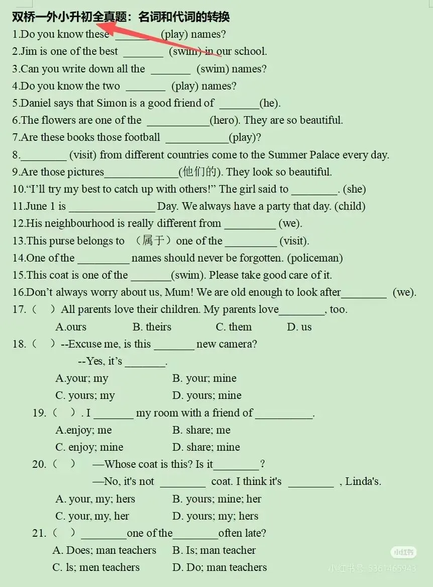 双桥一外小升初全真题:名词和代词转换 第8张 双桥一外小升初全真题:名词和代词转换 第8张