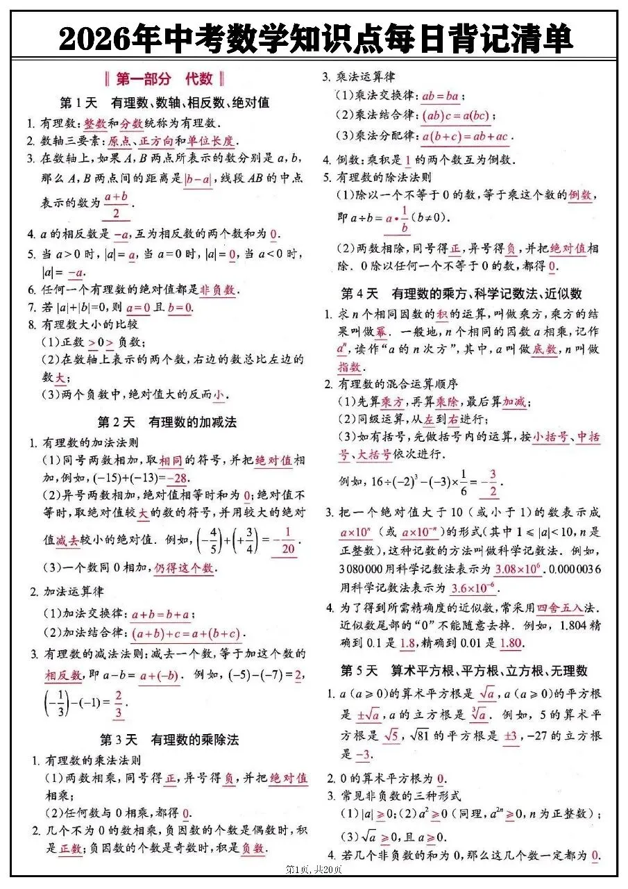 2026年中考数学知识点每日背记清单 第1张
