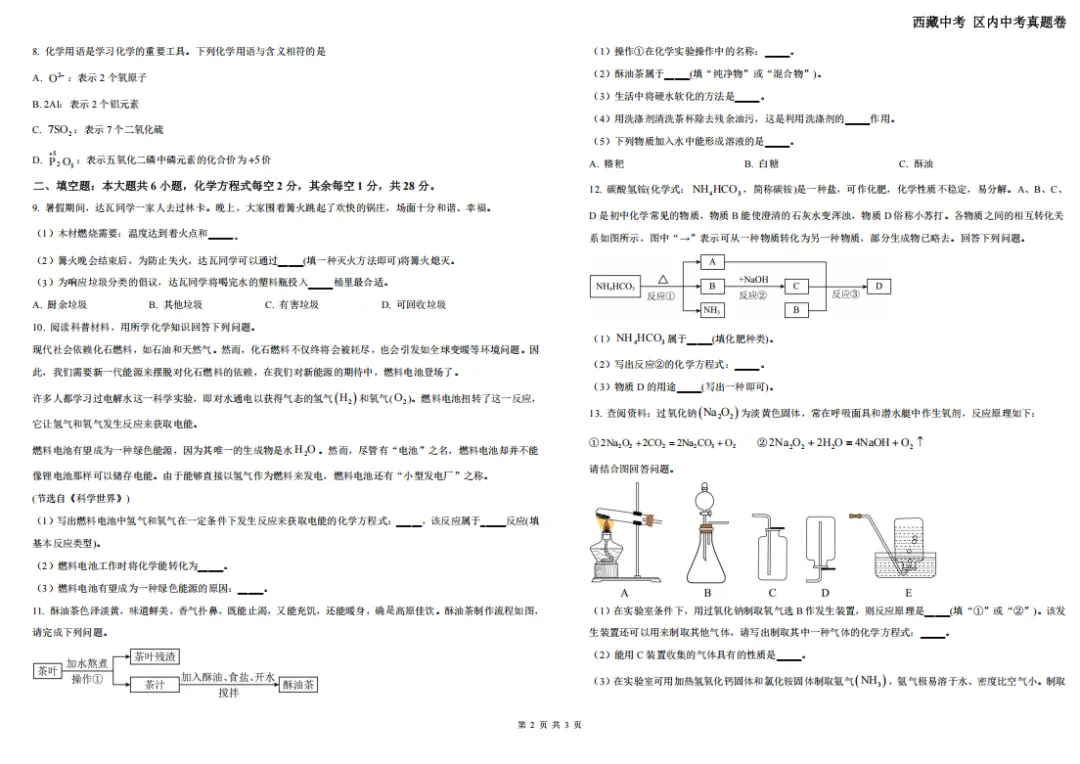 24年西藏中考真题卷——化学 第4张 24年西藏中考真题卷——化学 第4张