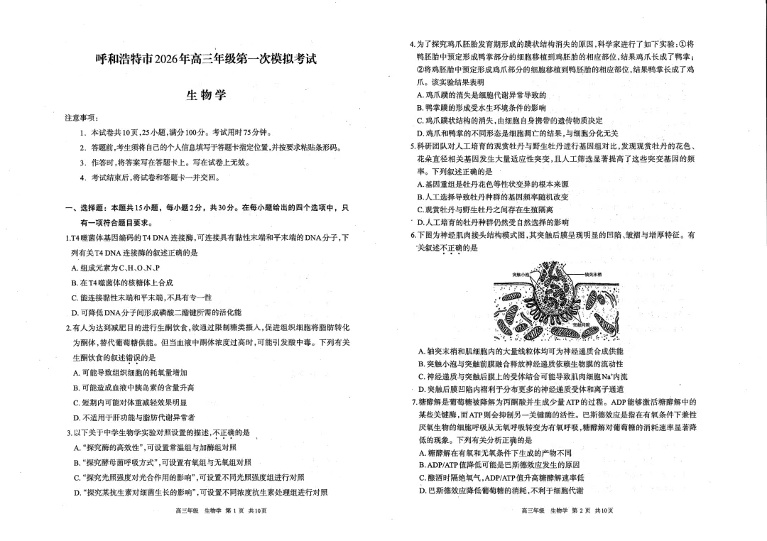 呼和浩特市2026年高三年级第一次模拟考试(试卷) 第22张