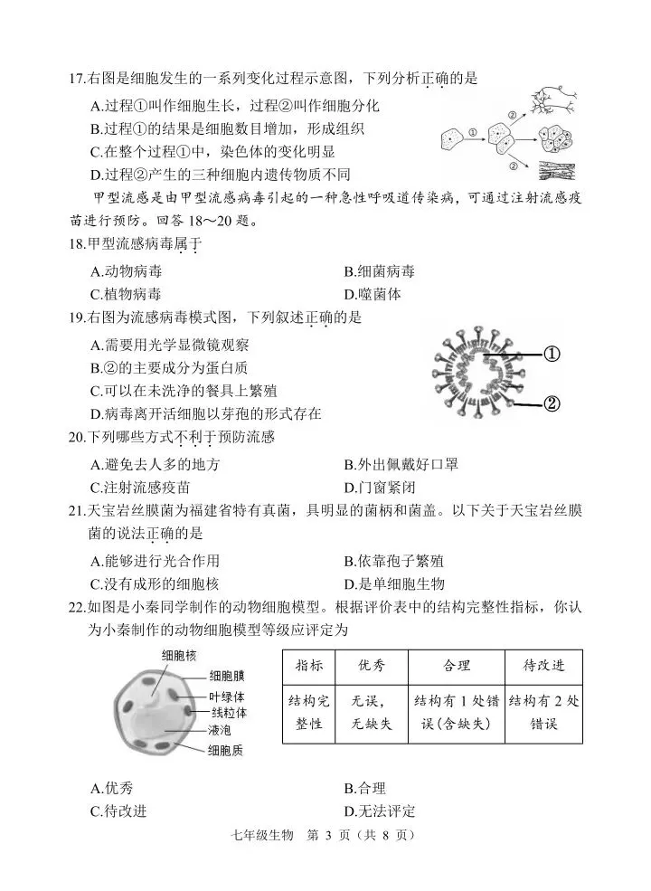 新人教版初中生物学七上生物期末综合考试试卷 第4张
