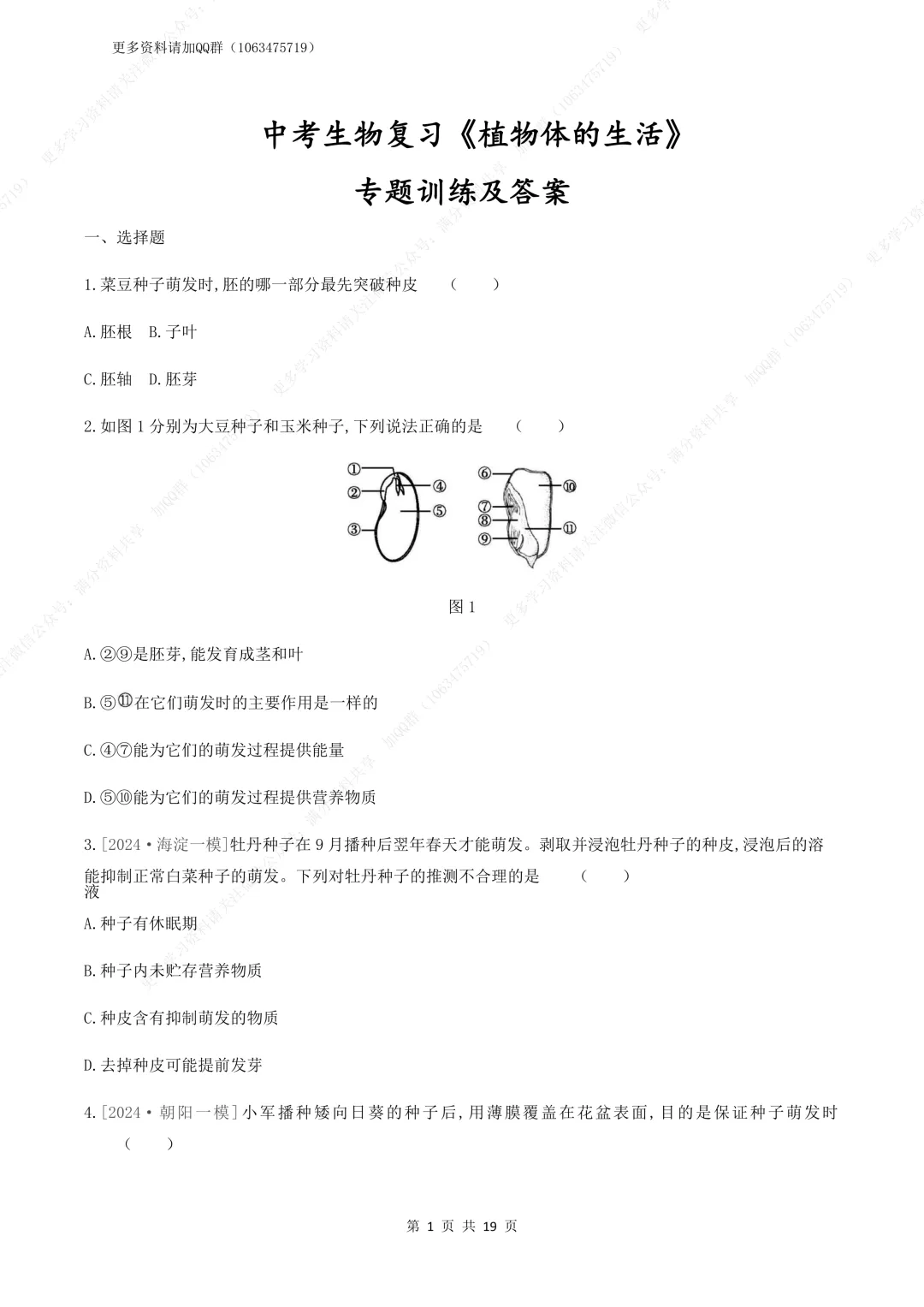 【初中生物】中考生物复习《植物体的生活》专题训练及答案,电子版可打印 第2张