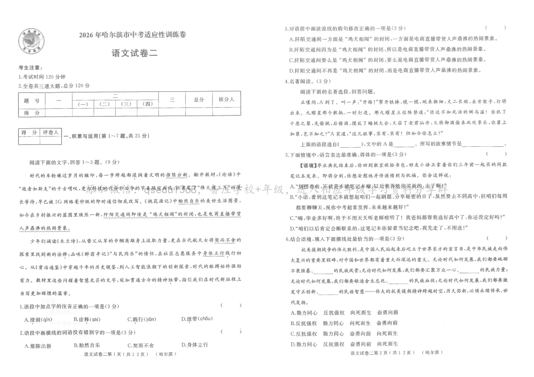 2026年诚成题库 中考适应性训练卷 语文 第19张