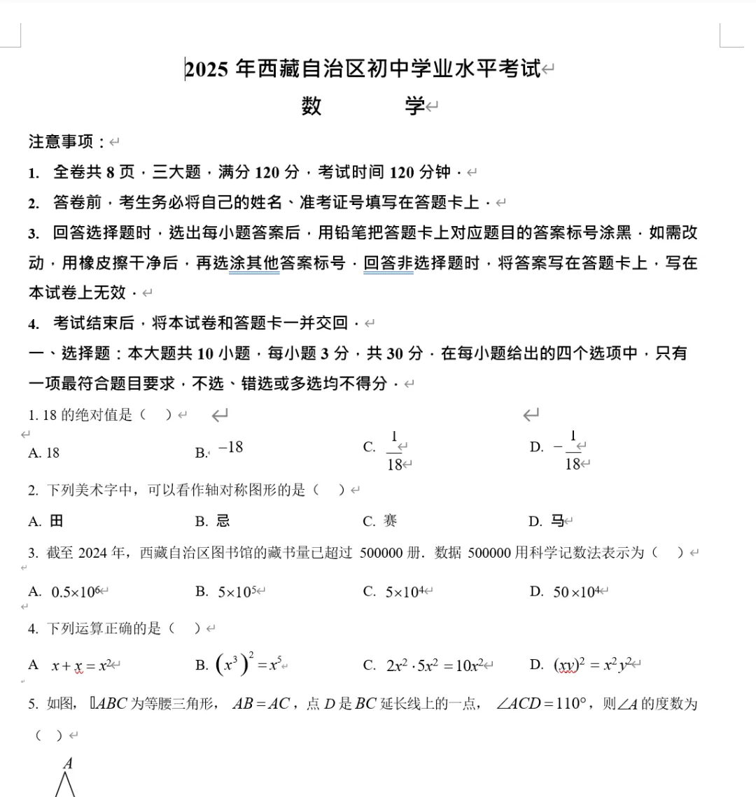 《西藏中考真题试卷及解析》 第3张