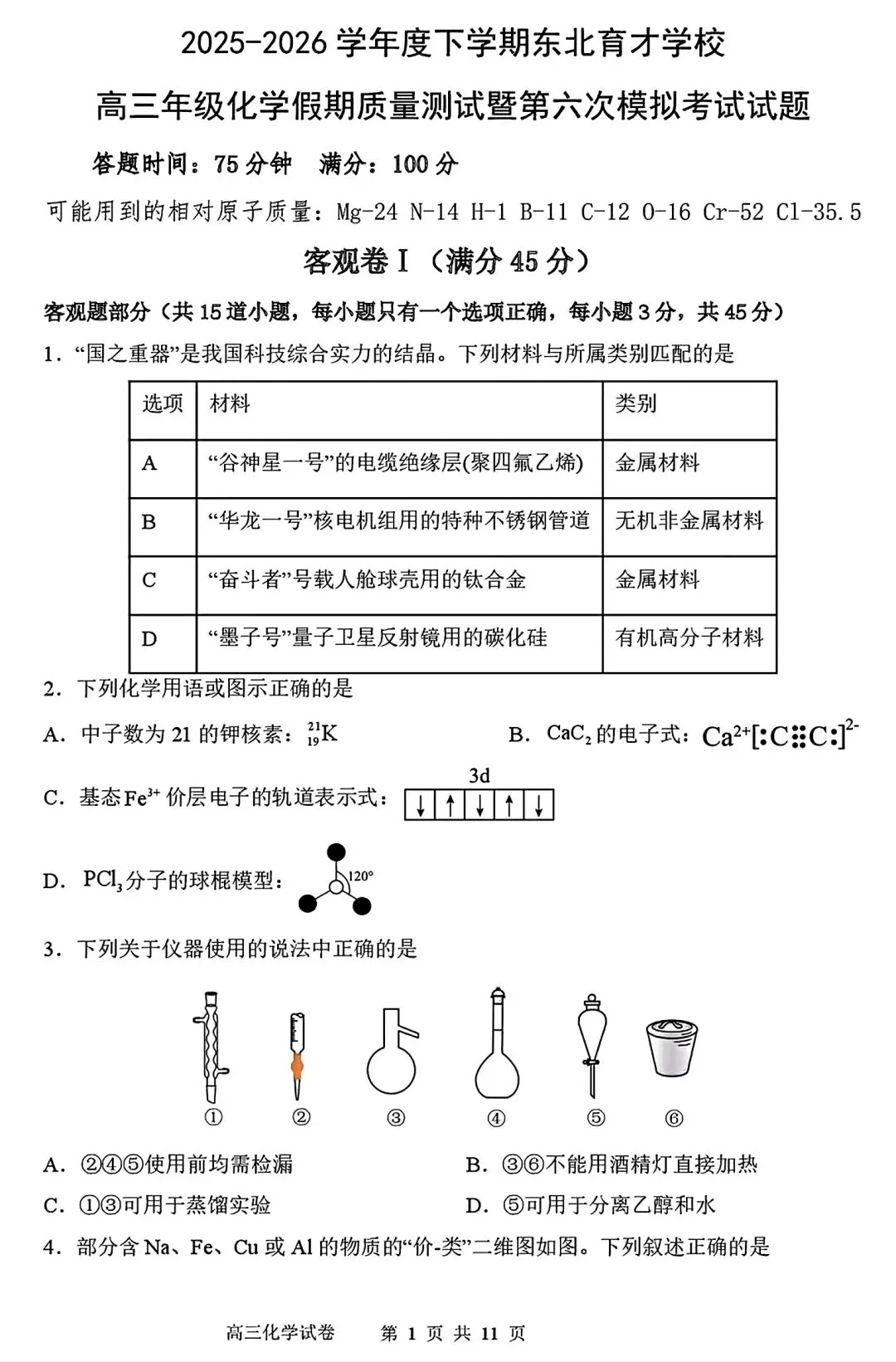 【试卷/高三下】2025-2026沈阳东北育才高三下第六次模拟化学(含答案)可下载 第1张