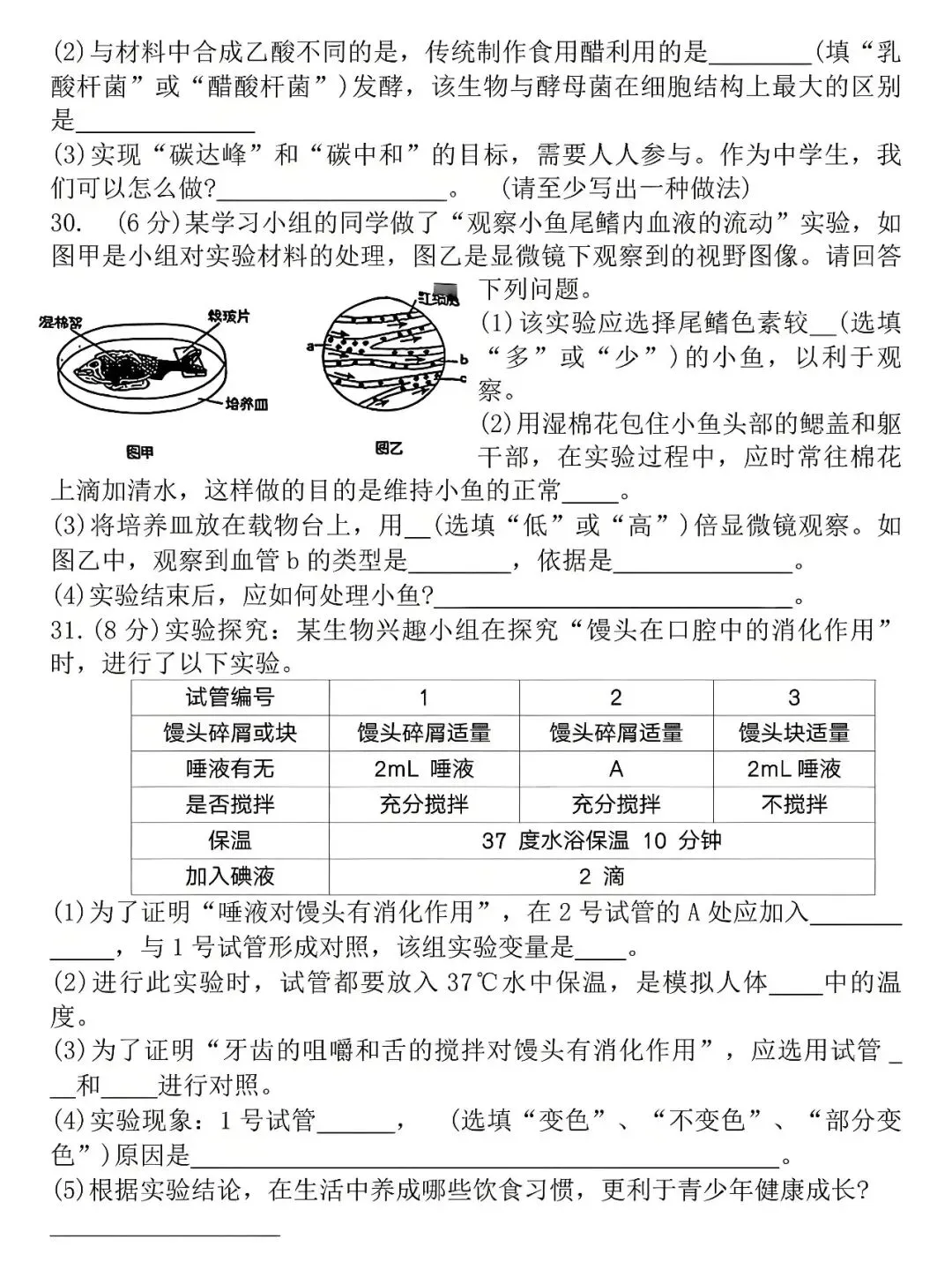 2026年初中学业水平测试生物模拟考试卷 第7张