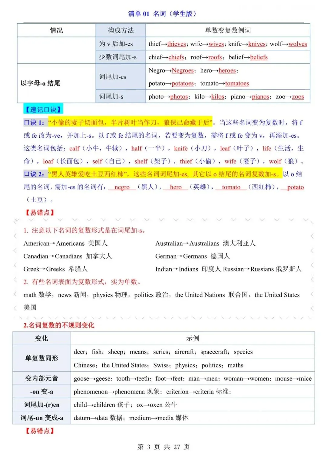 中考英语|2026年中考英语第一轮复习知识点梳理:名词,附答案解析,完整电子版可打印! 第3张