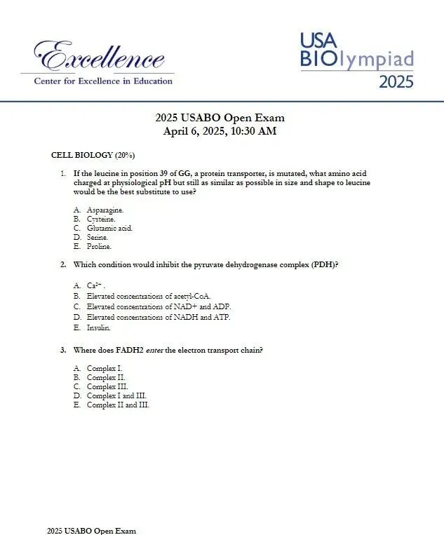 考前必刷|USABO生物竞赛历年真题及答案(2003–2025年),高清电子版可下载! 第3张 考前必刷|USABO生物竞赛历年真题及答案(2003–2025年),高清电子版可下载! 第3张