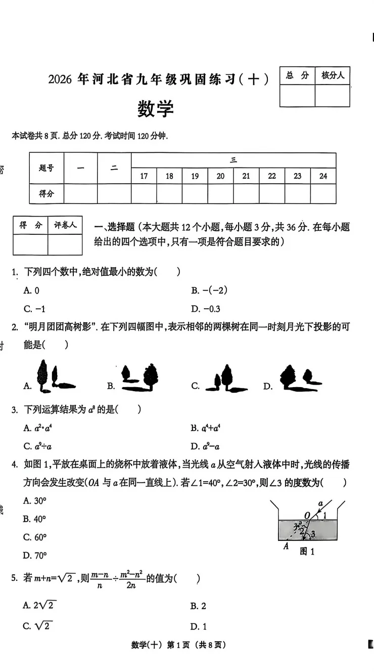 【中考模拟】2026年河北省九年级数学巩固练习(十)(文末附下载链接) 第2张