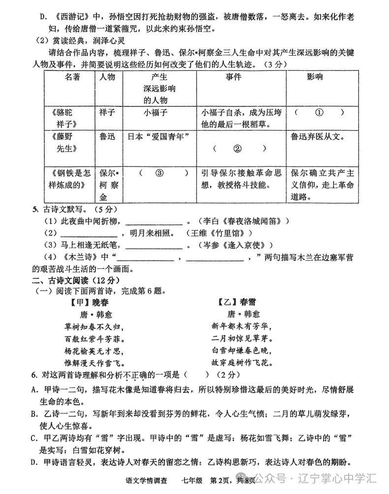 2025年5月鞍山铁西区七年期中试卷+答案 第2张