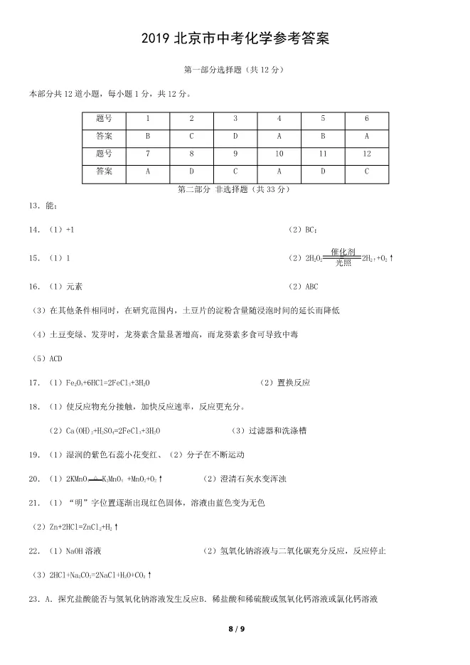 2019北京中考真题化学真题(有答案)【可下载】 第8张