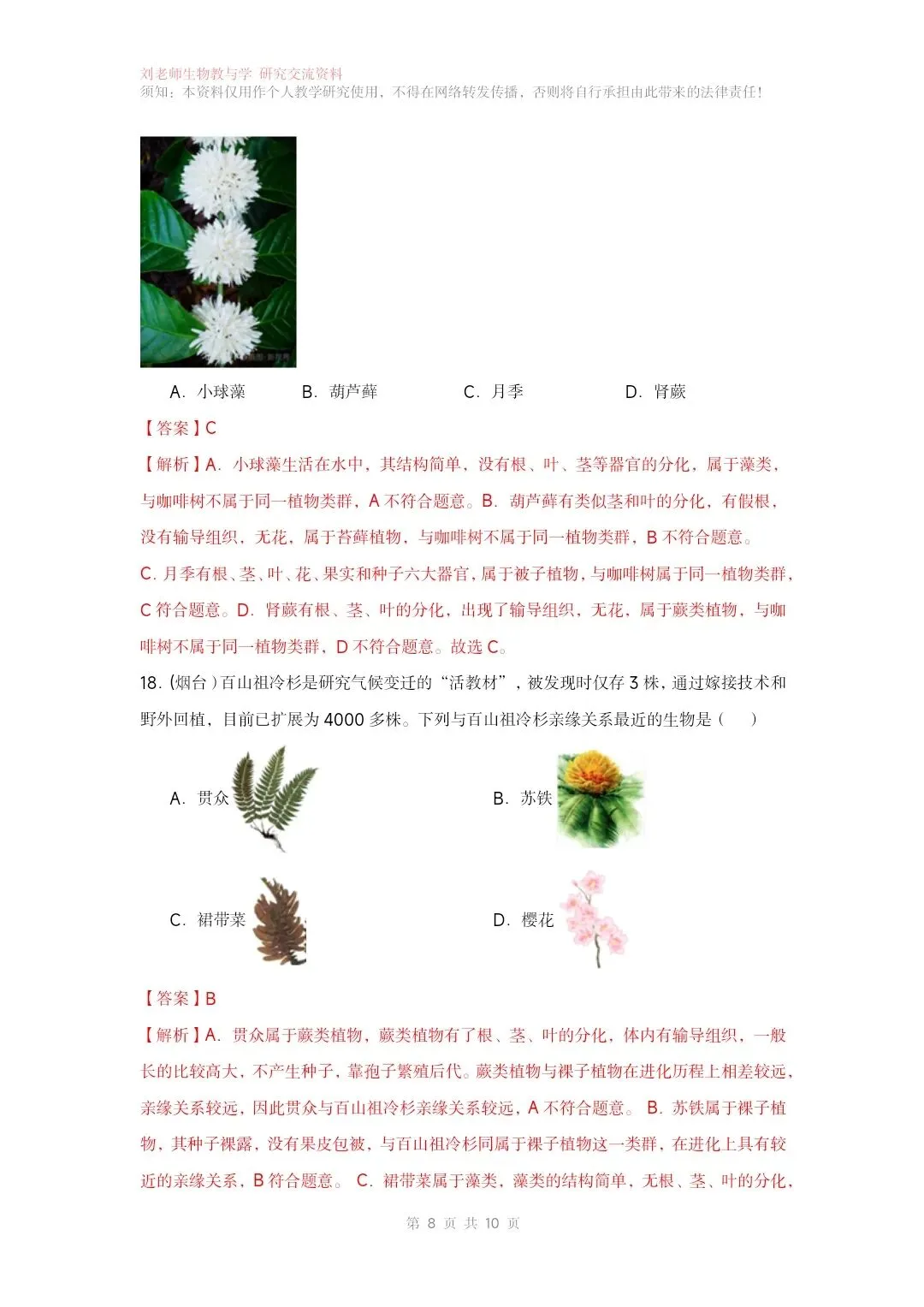 最新生物中考专题复习共15个专题练习+答案和解析word文档 专题02藻类与植物的类群 第10张