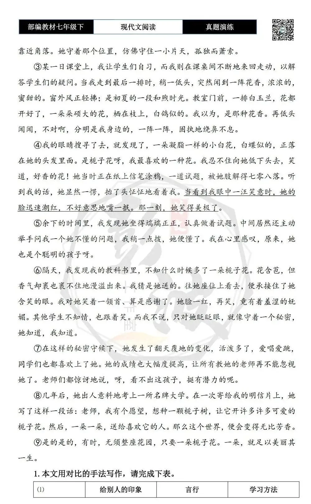 【现代文阅读-真题演练】七年级下-30-一朵栀子花-思维导图+试题精析 第6张