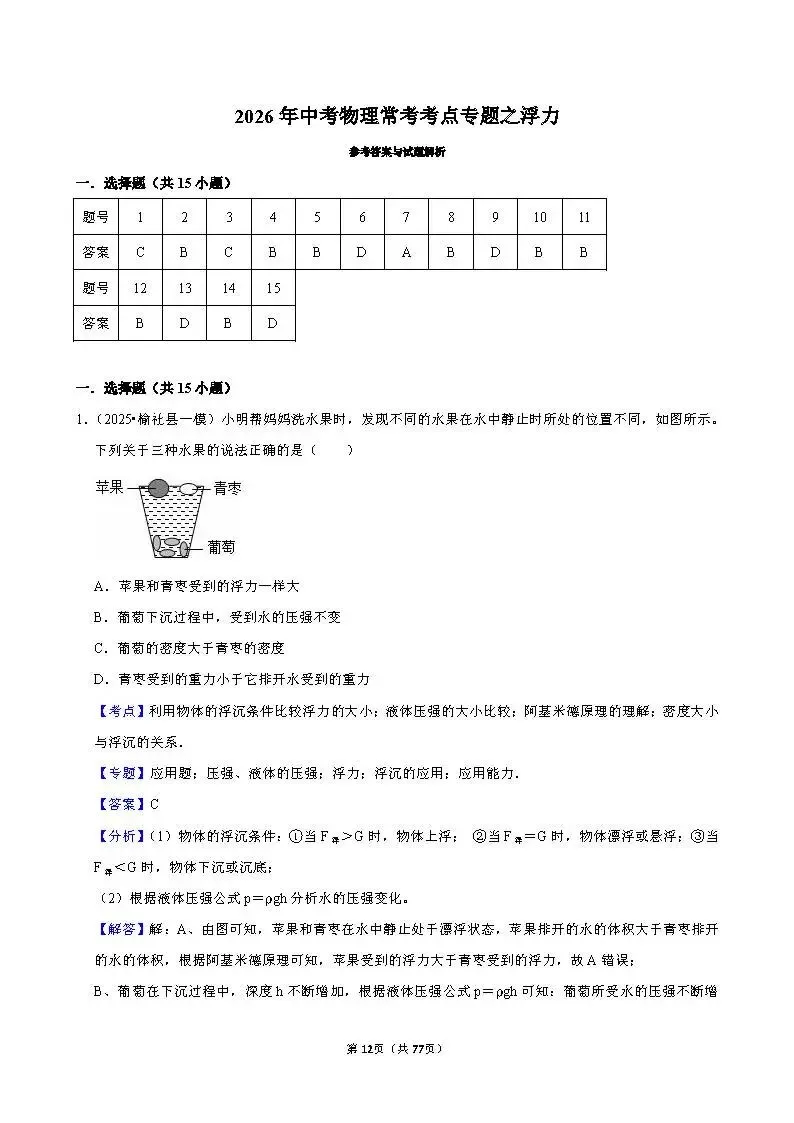 中考物理 常考考点《浮力》专项训练(含答案,可下载打印) 第11张 中考物理 常考考点《浮力》专项训练(含答案,可下载打印) 第11张