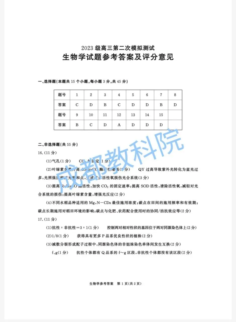 【含答题卡】2026年成都二诊生物试卷+评分标准+答题卡 第2张