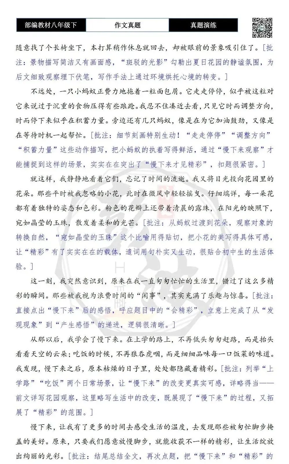 【作文-真题演练】八年级下-24-慢下来,会精彩-思维导图+解析+范文批注指导 第7张