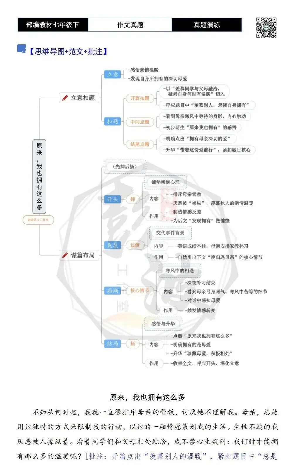 【作文-真题演练】七年级下-32-原来,我也拥有这么多-思维导图+解析+范文批注指导 第6张