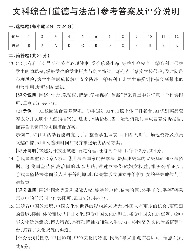 2026年3月道德与法治模拟试卷附答案 第9张
