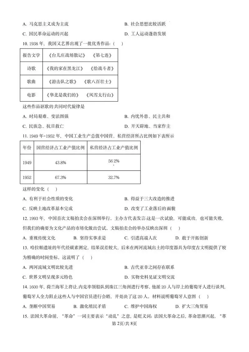 2025年深圳中考真题历史试卷 第2张