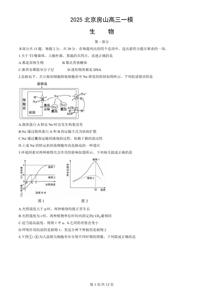 2025北京房山高三一模生物试卷(有答案) 第1张