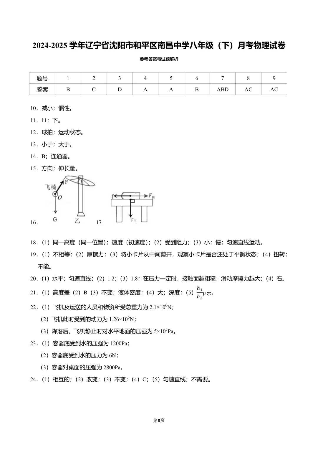2025沈阳南昌八(下)第一次月考物理试卷分析 第13张