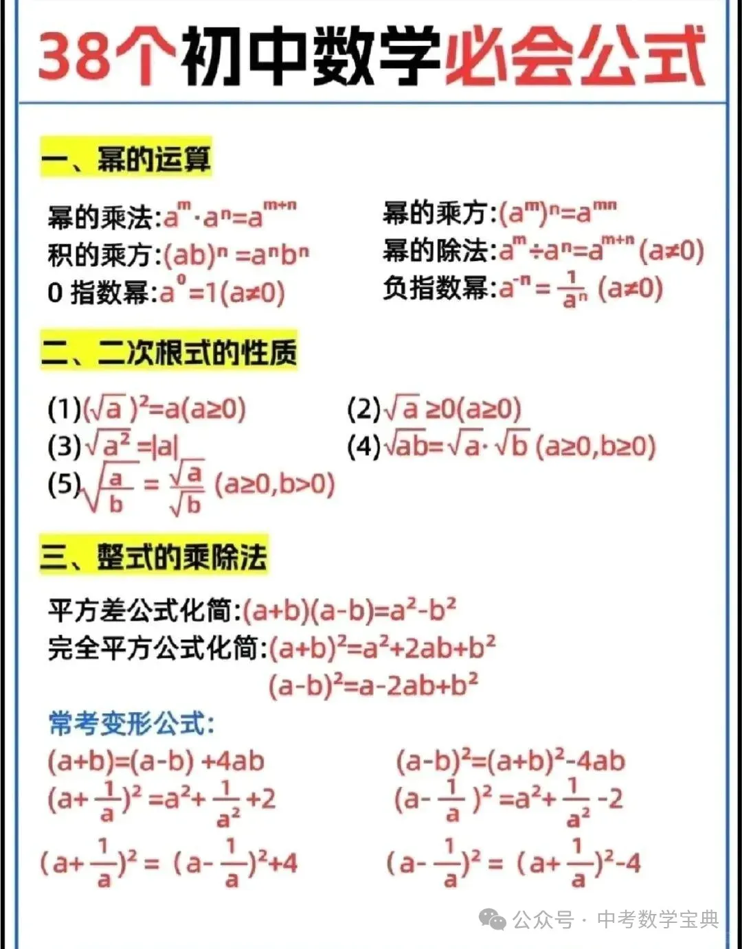 中考数学:公式定理知识点总结必备笔记 第2张