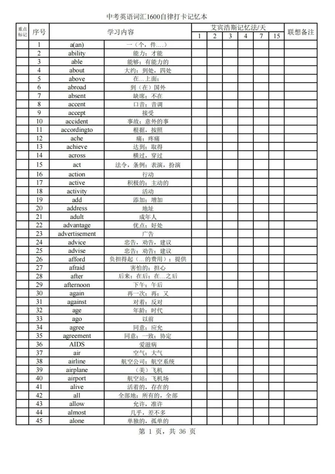 中考词汇通关计划:艾宾浩斯记忆法打卡表+1600核心词,每日任务清晰,支持免费打印,带孩子轻松逆袭! 第2张
