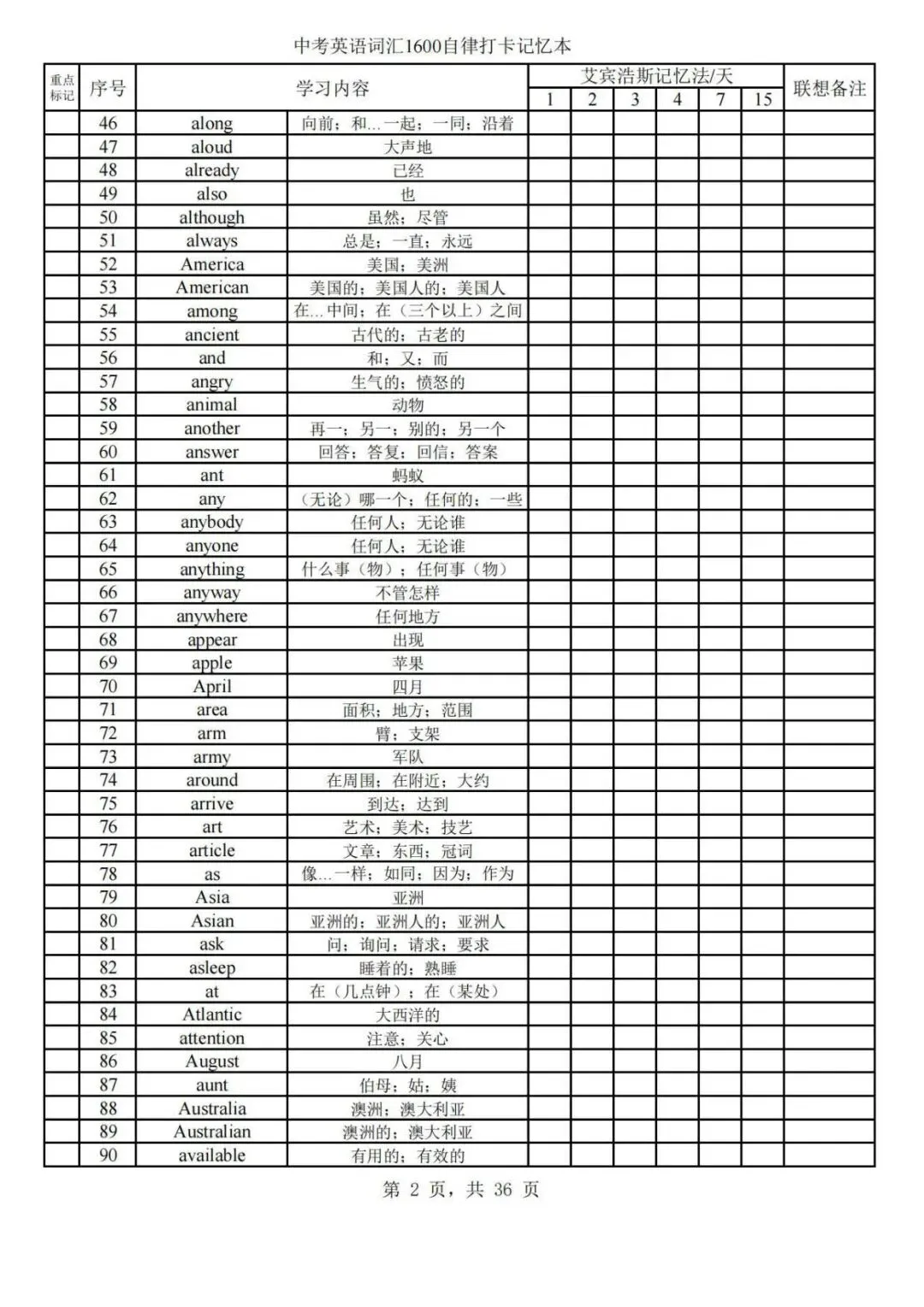 中考词汇通关计划:艾宾浩斯记忆法打卡表+1600核心词,每日任务清晰,支持免费打印,带孩子轻松逆袭! 第3张
