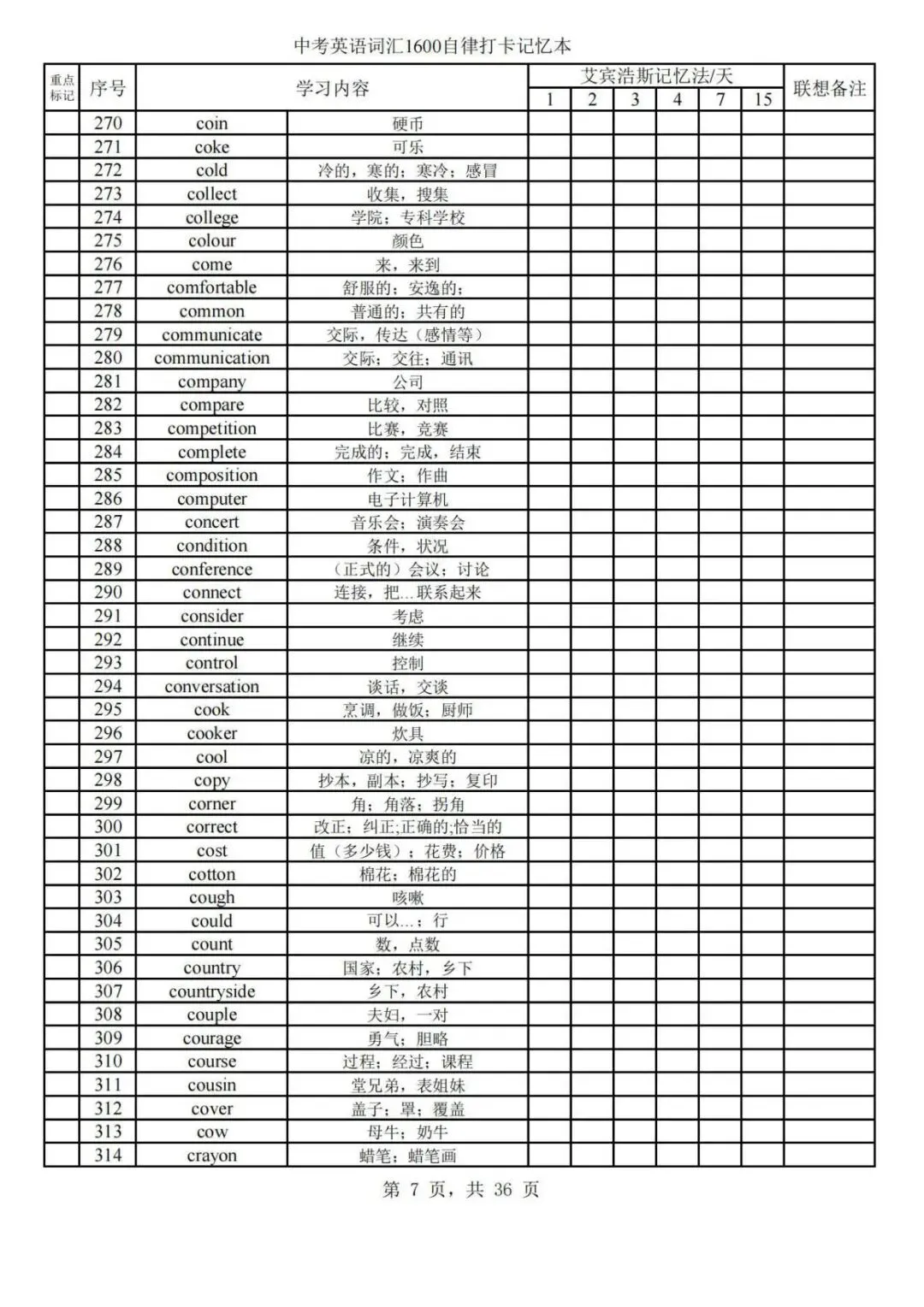 中考词汇通关计划:艾宾浩斯记忆法打卡表+1600核心词,每日任务清晰,支持免费打印,带孩子轻松逆袭! 第5张